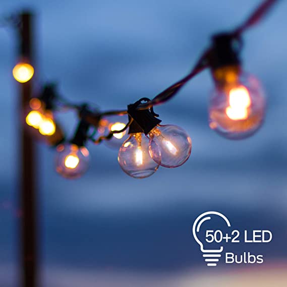 OxyLED LED Outdoor String Lights with 50 2 Clear LED G40 Bulbs, 54 Ft Hanging Globe String Lights Connectable Waterproof for Indoor Bedroom Patio Garden Porch Wedding Party Christmas, Black Wire