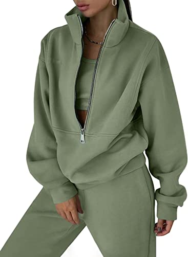 COZYPOIN Women's Fleece Two Piece Outfit Half Zip Sweatshirt and Joggers Pants Set Tracksuit