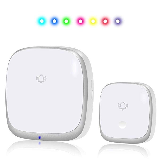 Wireless Doorbell Kit Waterproof Door Bell Chime for Home Classroom No Battery Required, Colorful LED Flash and Sound, Adjustable 4 Level Volume & 38 Melodies