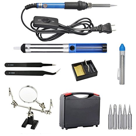 PYS Upgraded Soldering Iron Kit Helping Hand with Magnifying Glass, Carry Case, 60W Temp. Adjustable Soldering Gun, 5pcs Different Tips, Desoldering Pump, Solder Wire, Tweezers and Stand with Sponge