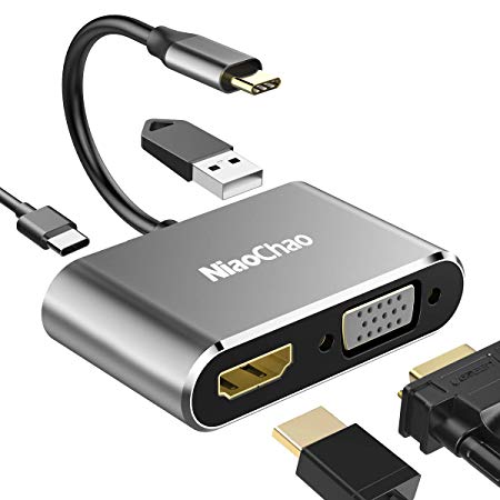 USB C to 4K HDMI VGA Adapter ,NiaoChao 4-in-1 Type C Hub with USB 3.0 Charging Power PD Port Compatible for Nintendo Switch/MacBook Pro/iPad Pro/ Samsung Galaxy/Dell XPS