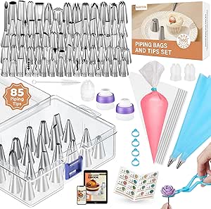 Kootek 140Pcs Icing Piping Bags and Tips Set, Frosting Piping Kit with 78 Numbered Icing Tips, 7 Russian Tip, 42 Pastry Bags 12 Inch, 5 Couplers, 4 Bag Ties for Cake Decorating, Cupcake, Baking