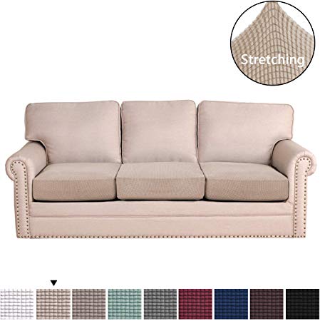 H.VERSAILTEX Super Stretch Stylish Furniture Cover/Cushions Covers Slipcover Spandex Jacquard Small Checked Pattern Super Soft Slipcover Machine Washable Individual (3-Piece Sofa Cushion, Sand)