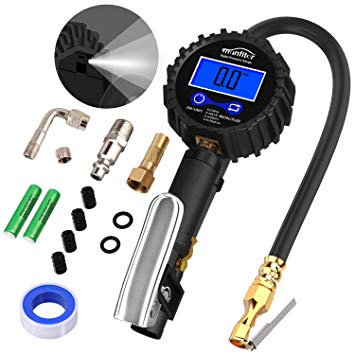 Manfiter Tire Pressure Gauge Inflator Deflator Digital with 235 PSI Compressor Accessories Heavy Duty Brass Air Chuck Valve Set & Hose Quick Connect Coupler for 0.1 Accuracy, Backlit Lighting