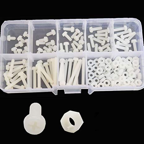 M3 Nylon Pan Round Head Machine Screw Metric Threaded Phillips Cross Recessed Plastic Bolt Screw Nut Assortment Kit Set 5mm 6mm 8mm 10mm 12mm 15mm 20mm 25mm,160pcs White