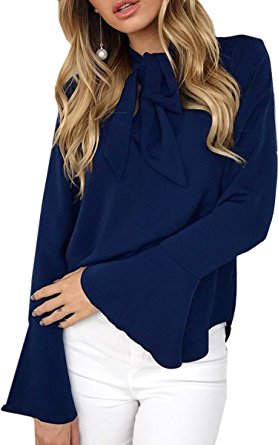 Angashion Women's V Neck Long Sleeve Bow Tie Flare Sleeve Blouse Solid Shirt Tops