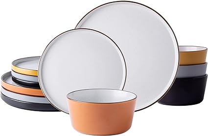 AmorArc Ceramic Dinnerware Sets of 4,Modern Stoneware Plates and Bowls Sets,Chip and Crack Resistant | Dishwasher & Microwave Safe Ceramic Dishes Set,Service for 4 (12pc)-Speckled & Matte 4 Color