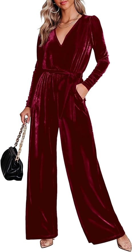 MASCOMODA 2023 Velvet Long Sleeve Wide Leg Jumpsuits for Women Dressy V Neck Belted Romper One Piece Fall Outfits with Pocket