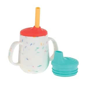 Nuby 3-Stage Training Cup Set - Silicone Tumbler with Spout and Straw Combo - 4 oz - 6  Months - Coral and Sprinkles