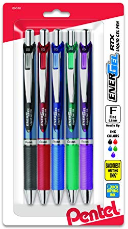 Pentel EnerGel RTX Retractable Liquid Gel Pen, 0.5mm, Needle Tip, Assorted Ink, Pack of 5 (BLN75BP5M)