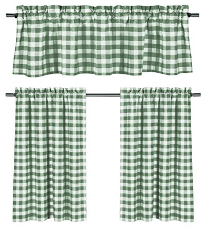 3 Pc. Plaid Country Chic Cotton Blend Kitchen Curtain Tier & Valance Set - Assorted Colors (Sage)