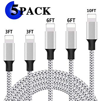 iPhone Charger, MFi Certified iPhone Cable 5 Pack [3/3/6/6/10FT] Extra Long Nylon Braided USB Charging&Syncing Cord Compatible with iPhone Xs Max/XS/XR/7/7Plus/X/8/8Plus/6S/6S Plus/SE Silver&Grey