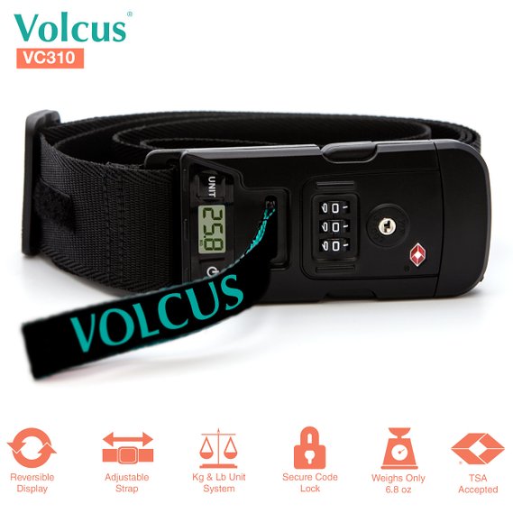 Volcus® VC310 3-in-1 Smart Suitcase Luggage Travel Belt Strap w/ TSA Approved Combination Lock   77 lb Capacity Digital Scale   Adjustable Strap Up To 78", & Concise Design for Safety Protection (BLK)