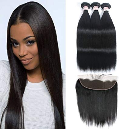GRACE PLUS Peruvian Straight Hair 3 Bundles with Frontal Lace Closure 13x4 Ear to Ear Frontal Closure with Bundles 100% Unprocessed Human Hair Extensions Natural Color (18 18 20+16)