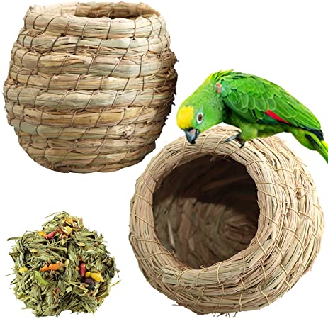 kathson Birdcages Straw Bird Nests Natural Grass Woven Birdhouse Resting Breeding Nesting Cages Hideaway Shelter for Finch Canary Budgie Lovebird Pearl Bird and Small Parrot