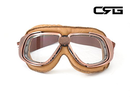 CRG Sports Vintage Aviator Pilot Style Motorcycle Cruiser Scooter Goggle T10 T10NCN Transparent lens, copper color frame, brown padding