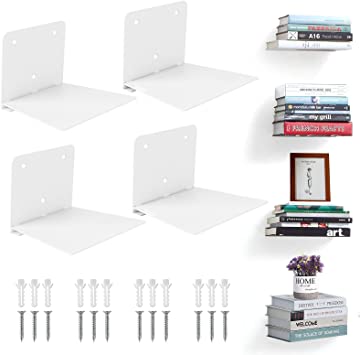 Fentec Invisible Floating Bookshelves, Wall Mounted Bookshelf Set of 4, Heavy-Duty Bookshelves Wall Hanging Bookshelves, Iron Storage Shelves for Bedroom, Living Room, Office, White