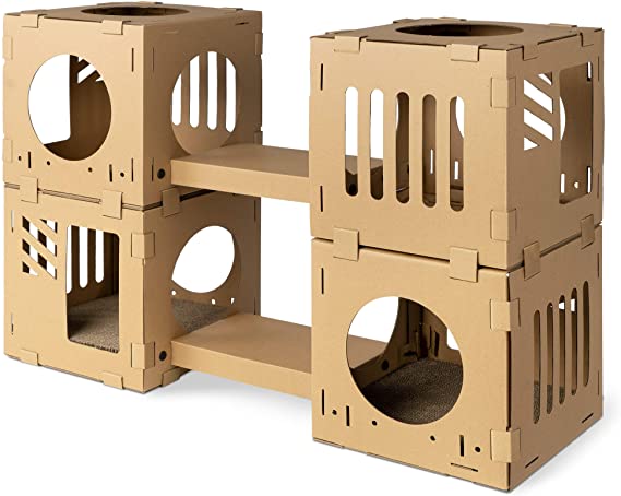 Navaris Modular Cardboard Cat House - DIY Corrugated Cardboard Configurable Play Tower Condo for Small Cats, Kittens, Rabbits - 4 Cubes with 2 Bridges