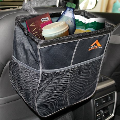 InsideSmarts Car Garbage Can LiquiSHIELD WaterProof Storage Organizer and Trash Bag 3 Side Pockets for Toys Snacks Cans Drinks Gray