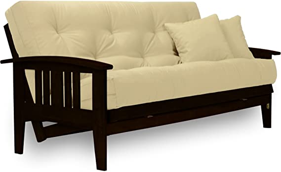 Westfield Complete Futon Set - Espresso Finish (Warm Black) - Full or Queen Size, Mission Style Wood Futon Frame with Mattress Included (Twill Ivory), More Mattress Colors Available