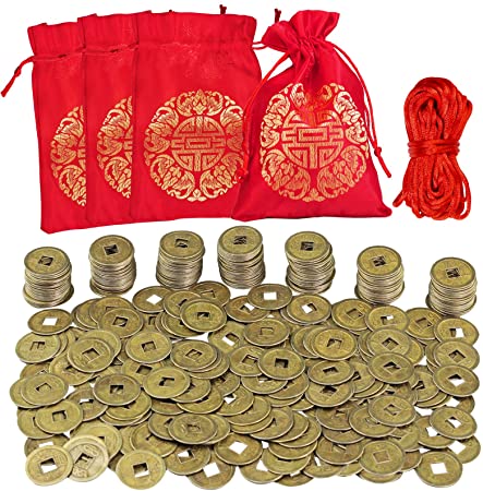 Supla 300 Pcs Chinese Coins Feng Shui Coins Good Fortune Coins Good Luck Coins and Lucky Bag for Chinese New Year Health Wealth Bracelet Charms 2021 Year of The Ox Decorations