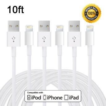 WechargeTM 3 Pack 10FT 8 pin Lightning to USB Cable Sync and Charging Cord for iPhone 6s plus 6s 6 plus 6 5s 5c 5 iPad Air iPad mini iPod nano and iPod touch White