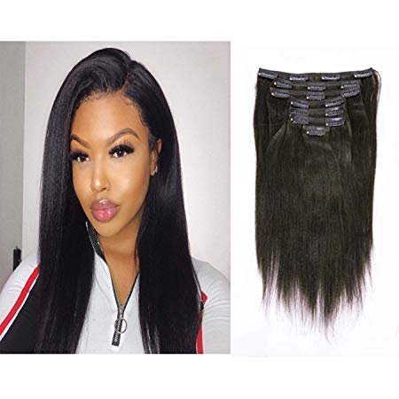 100% Real Human Hair Clip In Hair Extensions Yaki Straight Remy Virgin Hair Clip Ins Italian Thick Straight Full Head Natural Color African Americans For Black Women 7pcs/set 120g/set 14 Inch
