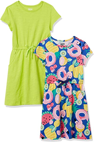 Spotted Zebra Girls and Toddlers' Knit Short-Sleeve Cinch-Waist Dresses, Pack of 2