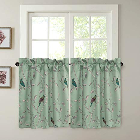 H.VERSAILTEX Ultra Soft Textured Woven Kitchen Curtains Rod Pocket Window Curtain Tiers for Café/Bath/Laundry/Bedroom - Sage Green Base with Turquoise Birds - (58" W x 24" L Pair of Tiers)