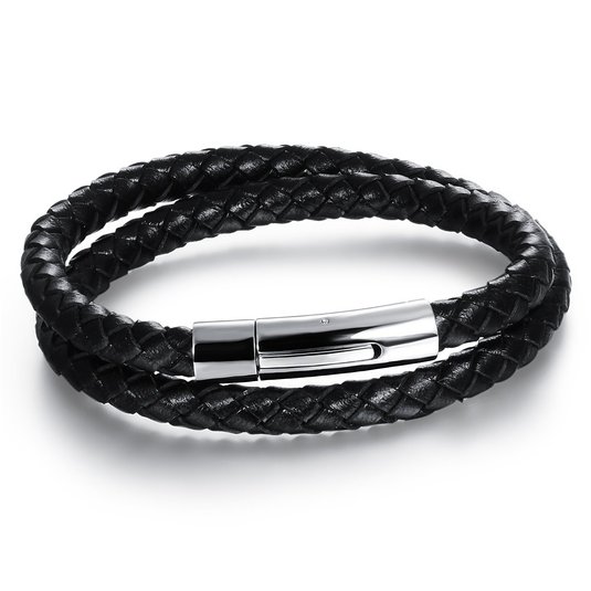 Fashion Jewelry Braided Black Leather Mens Bracelet with Locking Stainless Steel Clasp for Men and Women