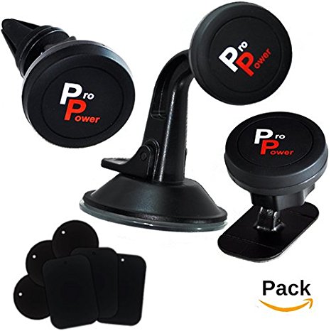 Magnetic Mount Holders, Pro Power [3-in-1 Universal Pack] Air vent Windshield Dashboard For Smartphones, Tablets, GPS Devices with 6 Mount Metal Plates