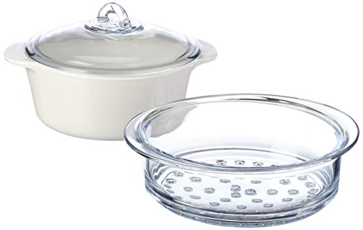 Pyrex Pyroflam RSP100 Steam-Cooking Set Casserole Dish with Glass Lid and Steaming Insert Round