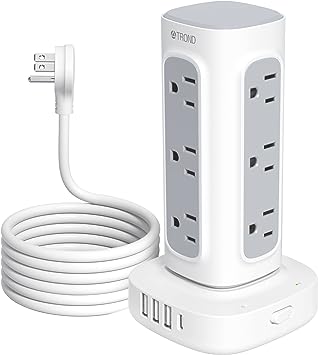 TROND Surge Protector Power Bar Tower USB C, 10ft Long Extension Cord Indoor, 12 Outlets 4 USB Ports, 1700J Vertical Power Strip Flat Plug, Home Office Supplies, Desk Accessories, Apartment Essentials