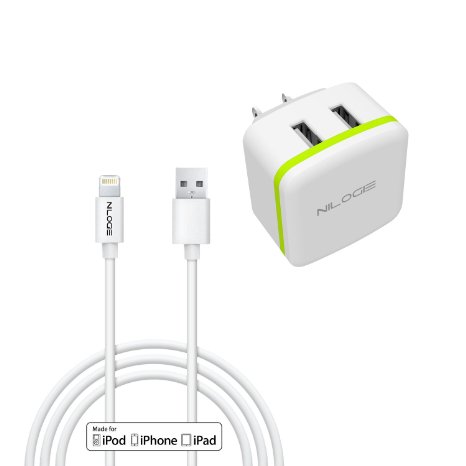 iPhone Charger, nilogie Apple MFi Certified 6 Feet Lightning to USB Cable   2 Port 3.4A Dual USB Wall Charger Made for iPhone, iPad, iPod