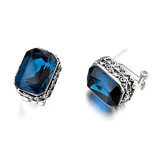 Silver Tone Rectangle Shaped Sapphire Blue Swarovski Elements Crystal Leverback Earrings Fashion Jewelry