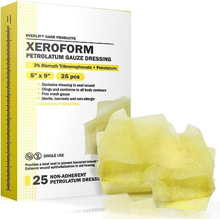 EVERLIT Xeroform Petrolatum Dressing | Sterile, Non-Adherent Occlusive Fine Mesh Gauze Pad | Non-Toxic, Gentle Patch for Burns, Laceration, Surgical Incisions & Skin Grafts (5" x 9" | Pack of 25)