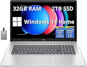 HP 17.3" FHD IPS Business Laptop, Intel Core i3-1215U, 32GB RAM, 2TB PCIe SSD, Intel UHD Graphics, HD Webcam, Numpad, Wi-Fi, Bluetooth, Natural Silver, Windows 11 Home, 32GB Hotface USB Card