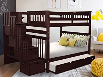 Bedz King Stairway Bunk Beds Full Over Full with 4 Drawers in The Steps and a Full Trundle, Dark Cherry