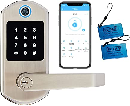 Smart Door Lock, Scyan X10, 5 in 1 Keyless Entry Door Lock with Bluetooth, Keypad Door Lock, Fingerprint Door Lock, Biometric Door Lock, Keypad Entry Door Lock, Touchscreen Door Lock, Satin Nickel