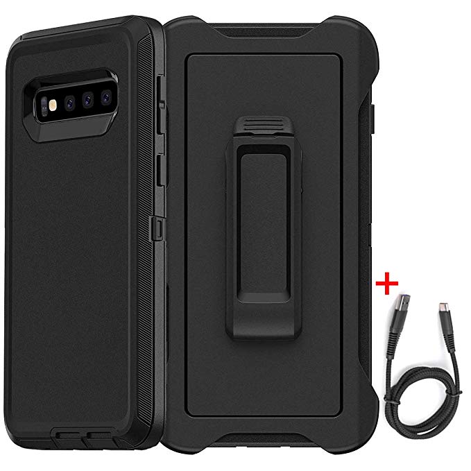 Kuool Compatible Samsung Galaxy S10 Plus Case  (Gift Type C Cable 3FT) Defender Series [Shockproof] [Drop Protection] [Heavy Duty] Tough Rugged Hybrid Hard Shell Cover Case with Belt-Clip