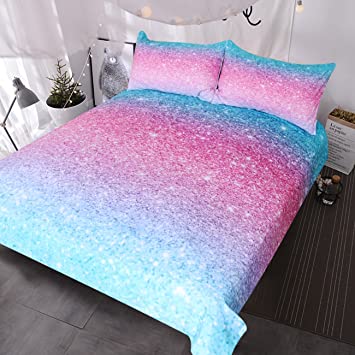 BlessLiving Colorful Glitter Bedding Girly Turquoise Teal Blue Pink Pastel Colors Duvet Cover 3 Piece Trendy Bed Spreads Girls Queen Comforter Cover Set