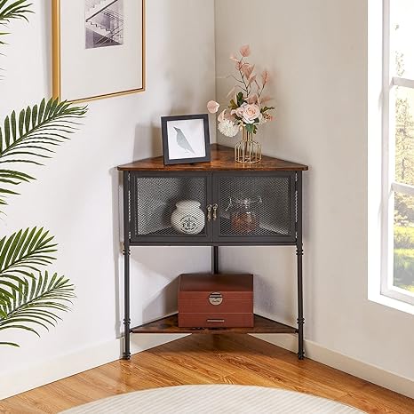 Triangle Side Table Corner Table with 3-Tier Storage Shelf Rustic Brown Side Tables, End Tables