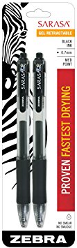 Zebra Sarasa Retractable Gel Ink Pens, Medium Point 0.7mm, Black Rapid Dry Ink, 2-Count