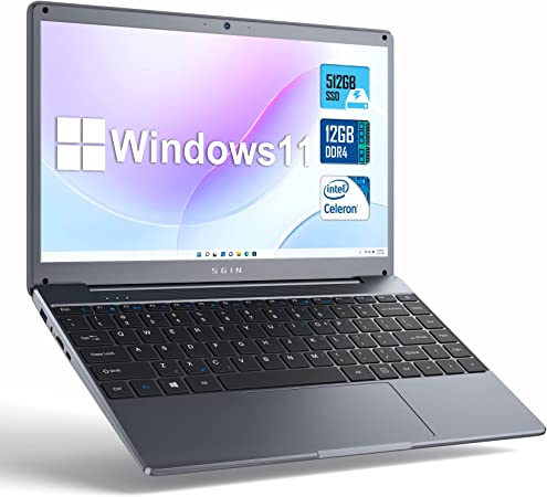 SGIN Laptop 14.1 Inch 12GB RAM 512GB SSD (TF 512GB), Laptop Windows 11 Intel Celeron N4500 Processor(Up to 2.8GHz), FHD 1920x1080 Ultrabook Laptops with 2xUSB 3.0, WiFi, Bluetooth 4.2(Gray)