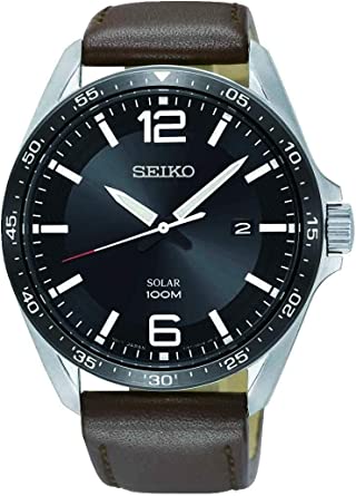 Seiko Men's 43mm Brown Leather Band Steel Case Hardlex Crystal Solar Black Dial Analog Watch SNE487P1