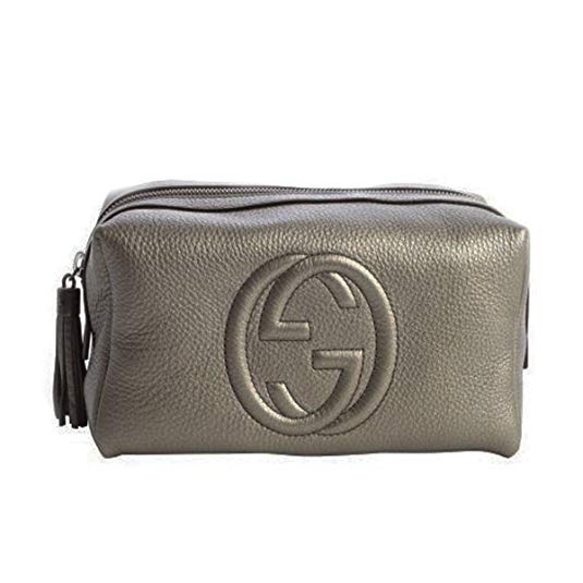 Gucci Grey Gunmetal Leather 'Soho' Large Cosmetic Pouch Makeup Bag Clutch