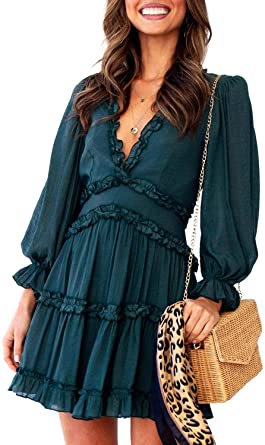 Dokotoo Womens Spring Summer Deep V Neck Ruffle Long Sleeve Floral Print Mini Dress