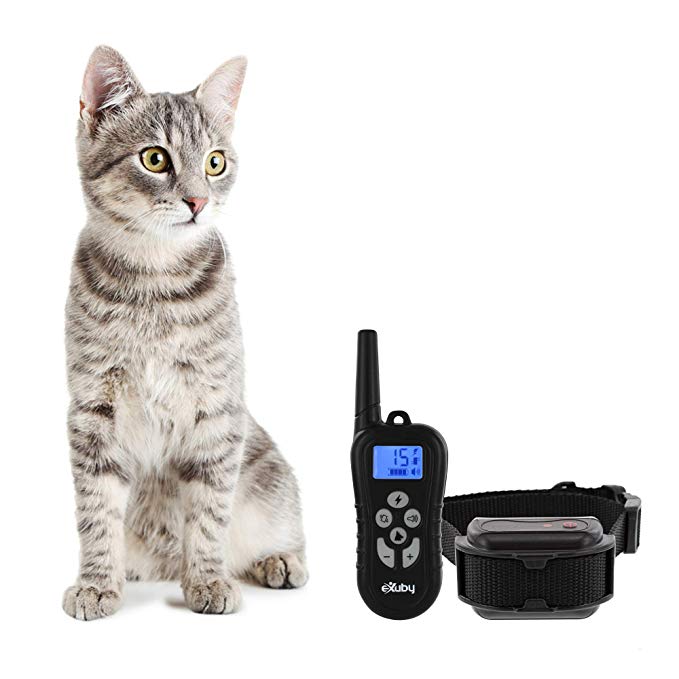 eXuby Cat Shock Collar w/ Two Adjustable Straps for Cats of All Sizes and Hair Lengths - Quickly Correct Unwanted Behavior - Individual Buttons for Sound, Vibration and Shock - Rechargeable Batteries