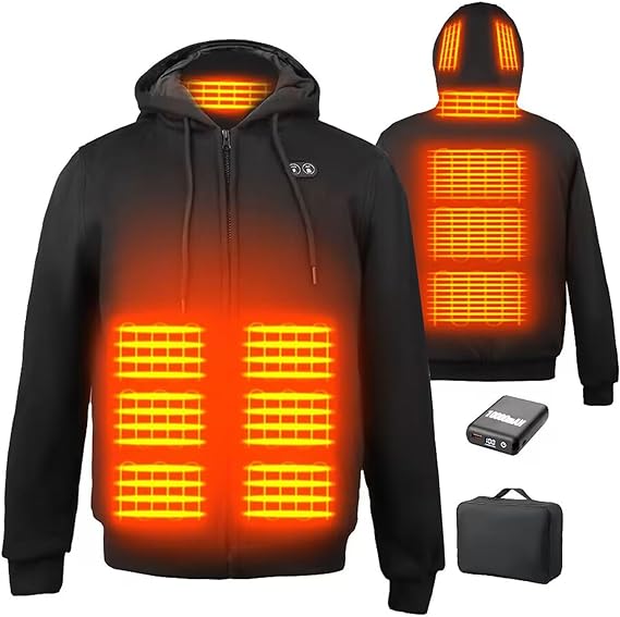 Qdreclod Heated Hoodie for Men Women with Battery Pack 7.4V 10000mAh, Hooded Heated Sweatshirts Heated Jacket 6 Heating Zones