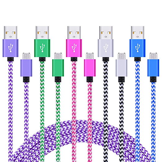 Galaxy S6/S7 Charger 6Feet, FiveBox 5 Pack Premium Nylon Braided USB Fast Charging Cable Cords for Samsung Galaxy S6/S7 Edge, J3 J5 J7, Note 4/5, Tab4, HTC One M8, LG G Stylo G3, Android Phones